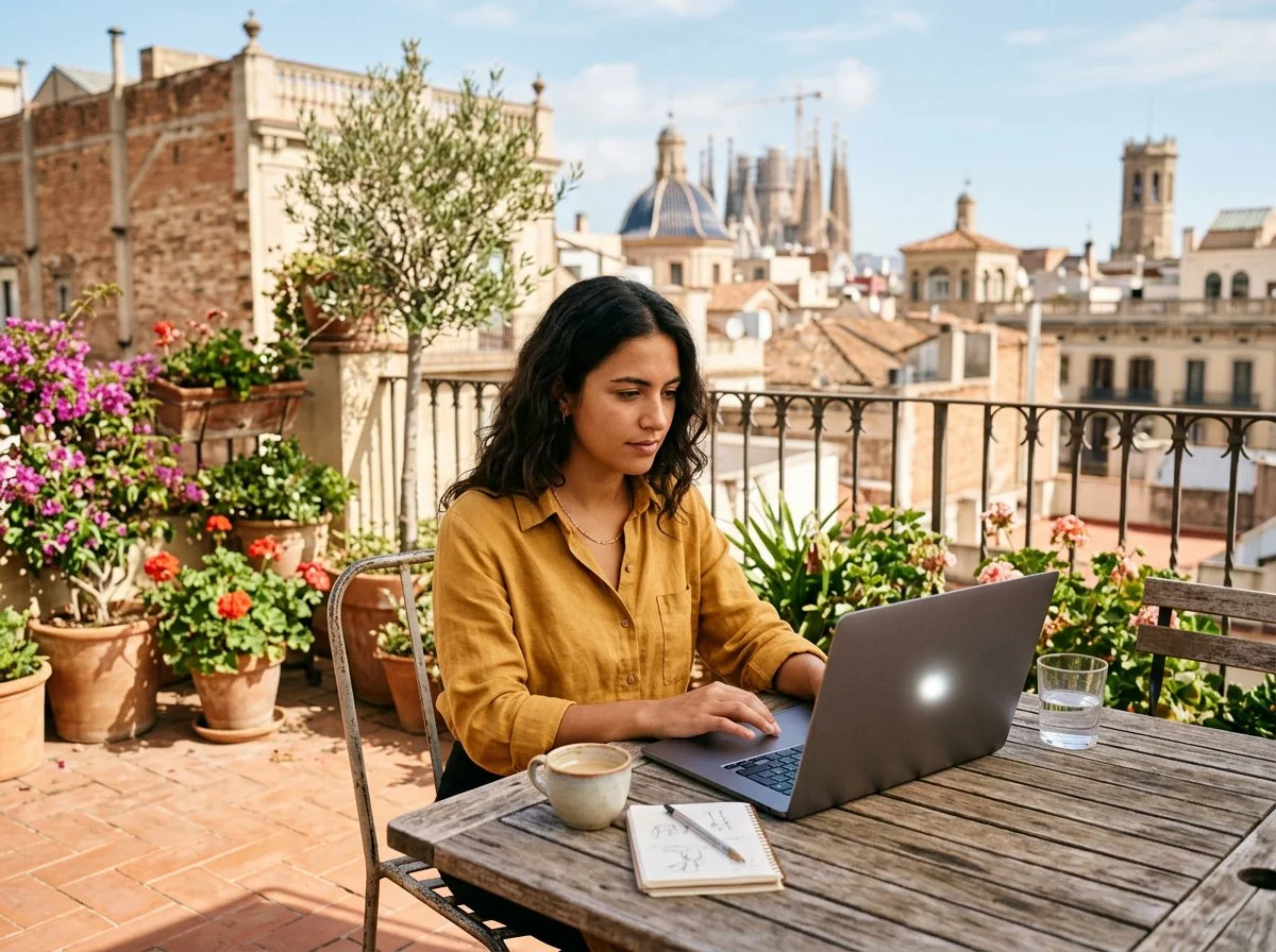 Una joven profesional trabaja con el portátil en una terraza mediterránea